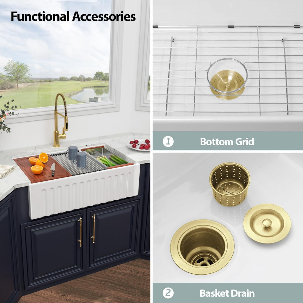 33 White Farmhouse Kitchen Sink - 33X20 Inch Ledge Workstation Reversible Fluted Apron Front Ceramic Porcelain Farm