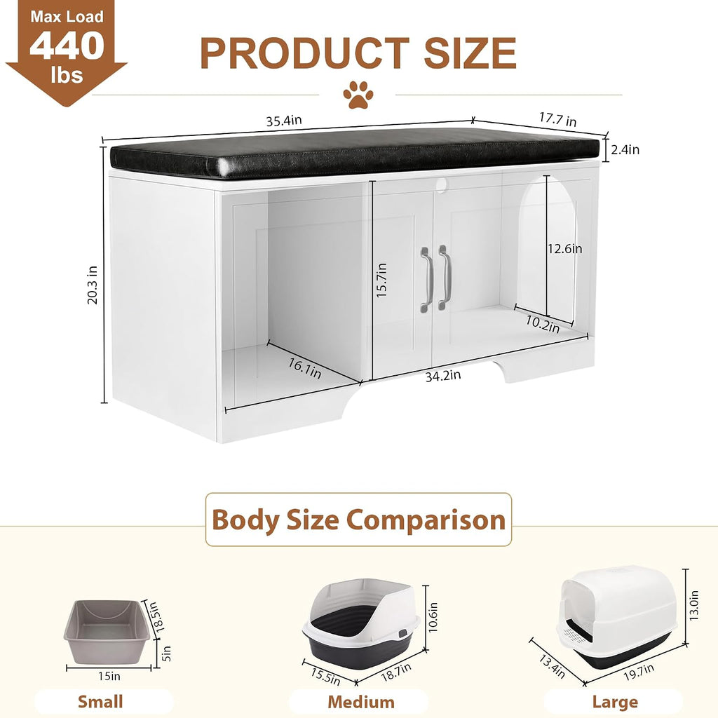 Cat Litter Box Enclosure with Padded Seat Cushion, Large Hidden Litter Box Furniture Bench for Odor Control, Dog