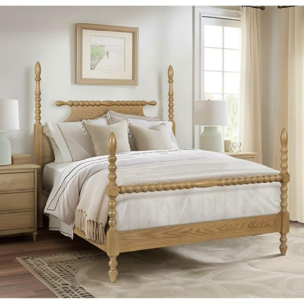 Queen Size Solid Wood Spindle Platform Bed Frame with Turned Posts, Bobbin Railing and Silent Wooden Slats Support