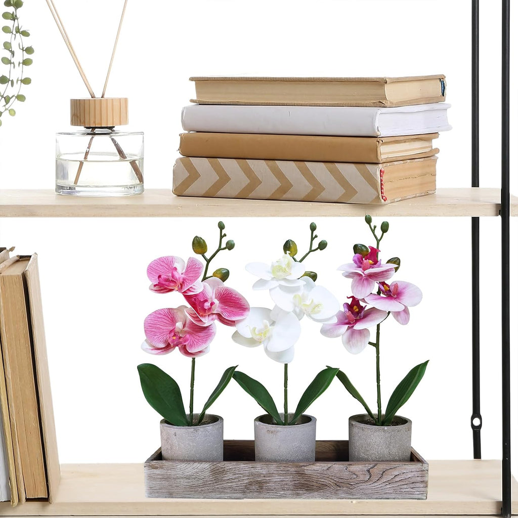 Small Artificial Orchid Potted Plants Arrangement with Rustic Wood Planter Box Real Touch Faux Phalaenopsis - Set of 3
