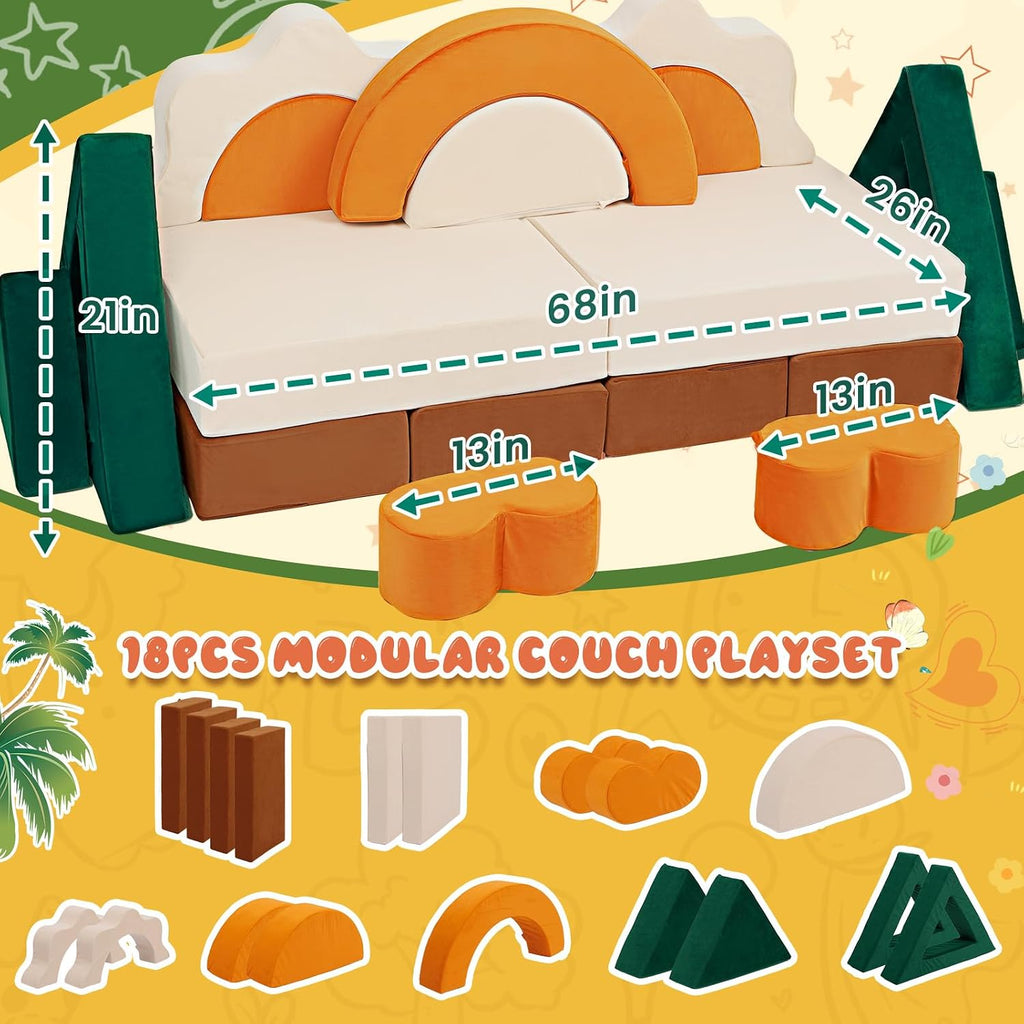 18PCS Modular Kids Play Couch - Junlge Theme Toddler Couch Building Fort, Convertible Sofa Multifunctional Kids Sofa