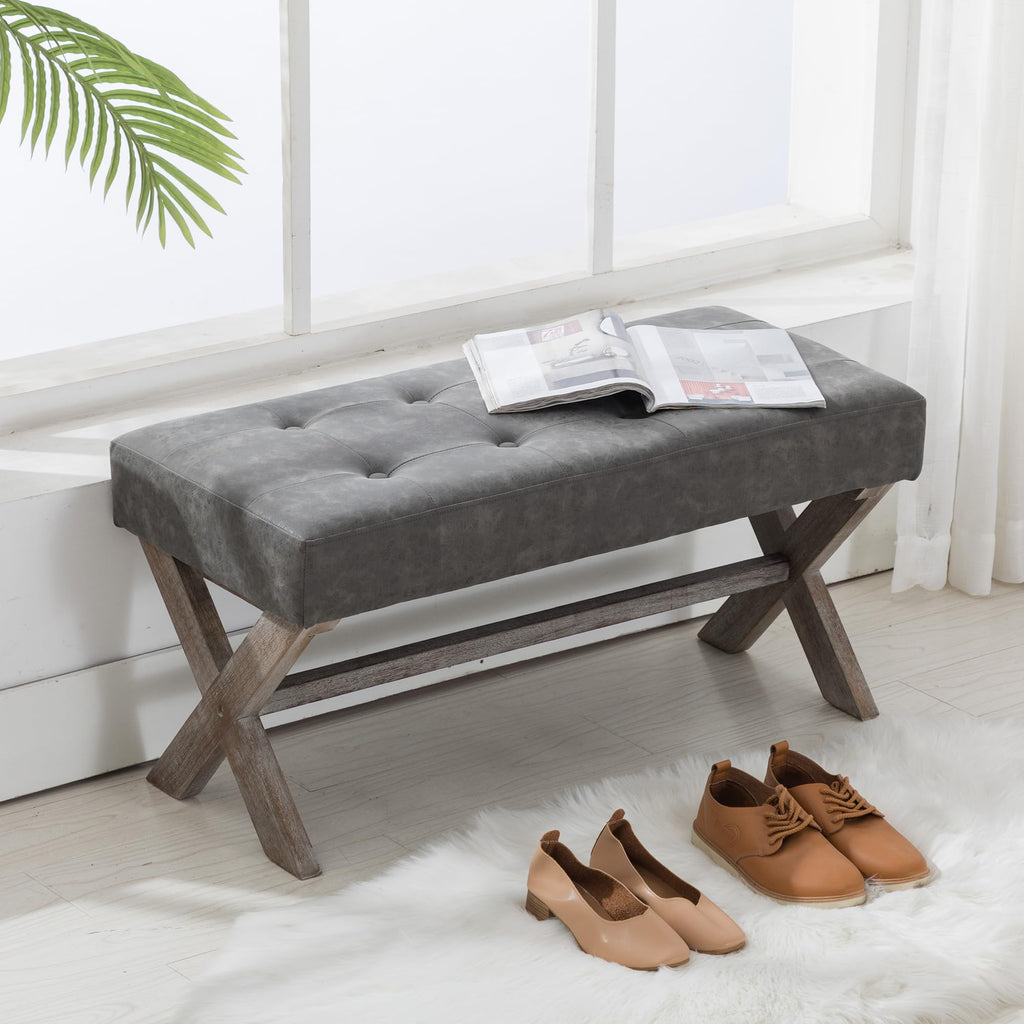 36" PU Leather Farmhouse Entryway Bench End of Bed Bench, Gray
