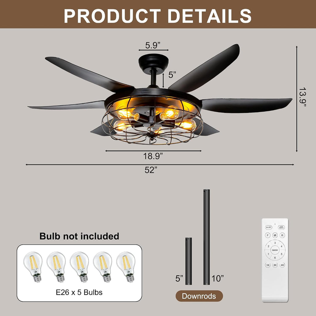 Ceiling Fans with Lights and Remote - 52 Inch Farmhouse Ceiling Fan with Caged Light Fixture - Black Industrial