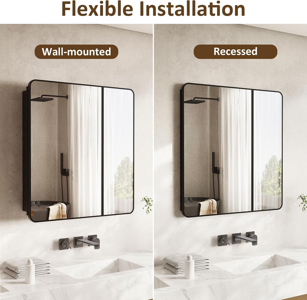 Medicine Cabinet Mirror 30x32 Inch, Black Bathroom Mirror Cabinet with Stepless Adjustable Shelves, Double Doors
