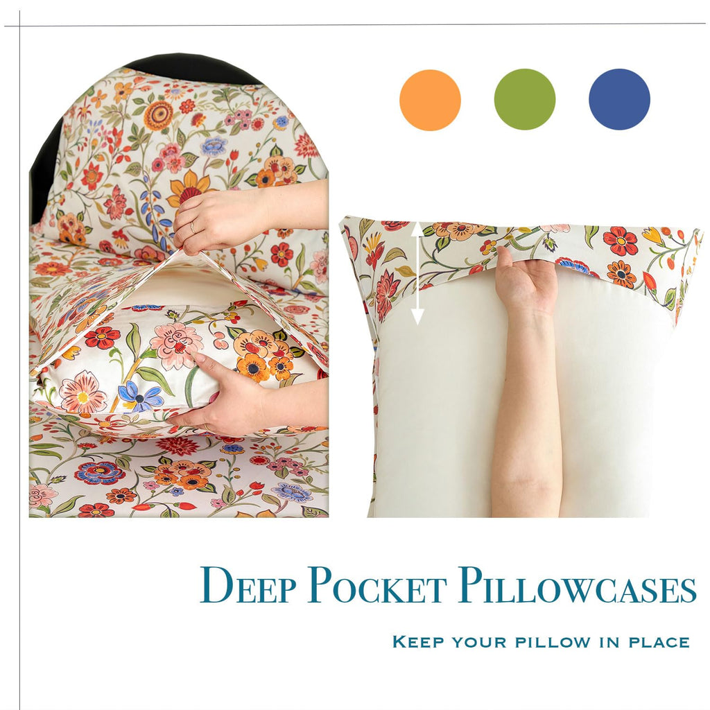 Floral Sheets California King 100% Percale Cotton Orange & Green Boho Bed Sheet Set, Soft Breathable Crisp Sunflower