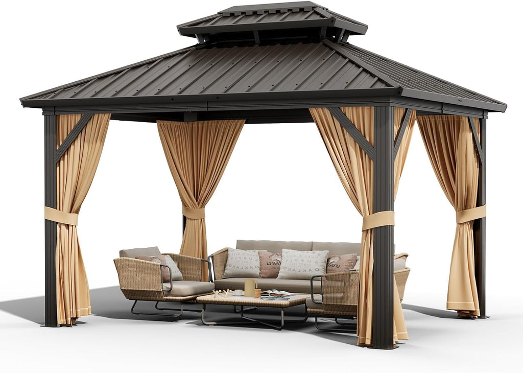 12 x 20 ft Hardtop Gazebo, Heavy Duty Galvanized Aluminum Frame Double Roof Outdoor Pavilion