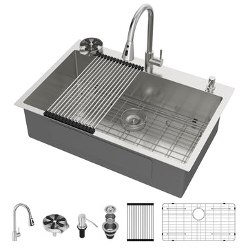 33 Drop In Stainless Steel 33x22 Inch Top Mount Single Bowl 9 Inch Deep Basin with Faucet and Cup Washer