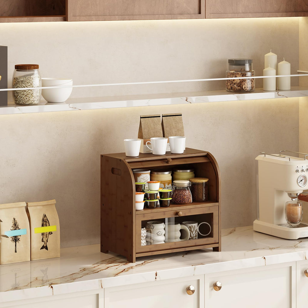 Bamboo Countertop, 2 Tier Roll-Top Bread Bin, Food Storage Box, Large Capacity Keeper, Wooden Storage Cabinet, Brown