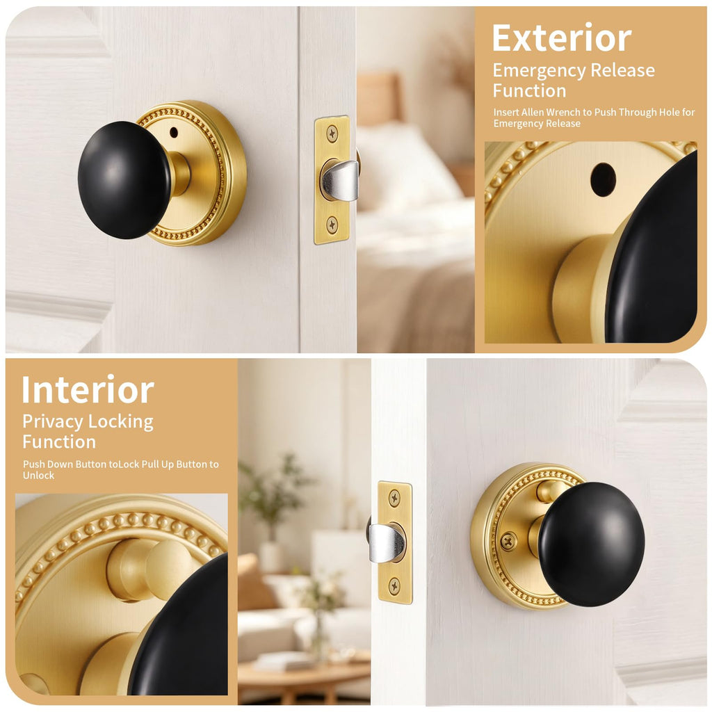 Black Porcelain Privacy Door Knob with Gold Base, 1 Pack