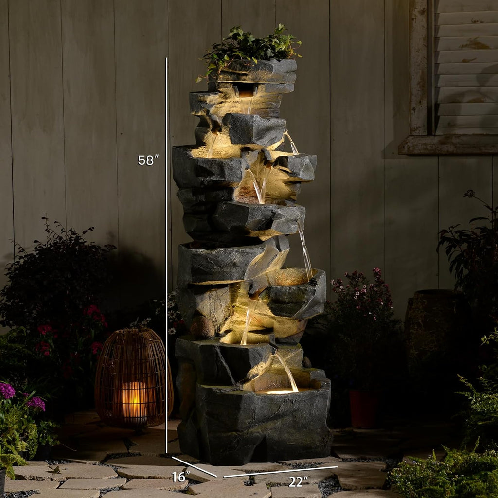 58" H Outdoor Water Fountain with 7 Tiers New Upgraded Large Cascading Realistic Rock Waterfall Fountains with Lights