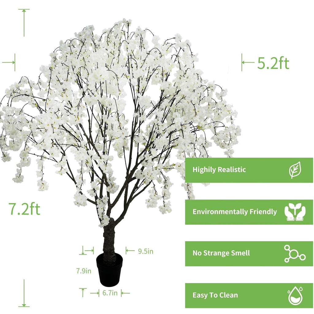 Artificial White Cherry Blossom Tree, 7 Ft Tall Indoor Faux Plant with Cascading Branches, Potted Decorative Tree
