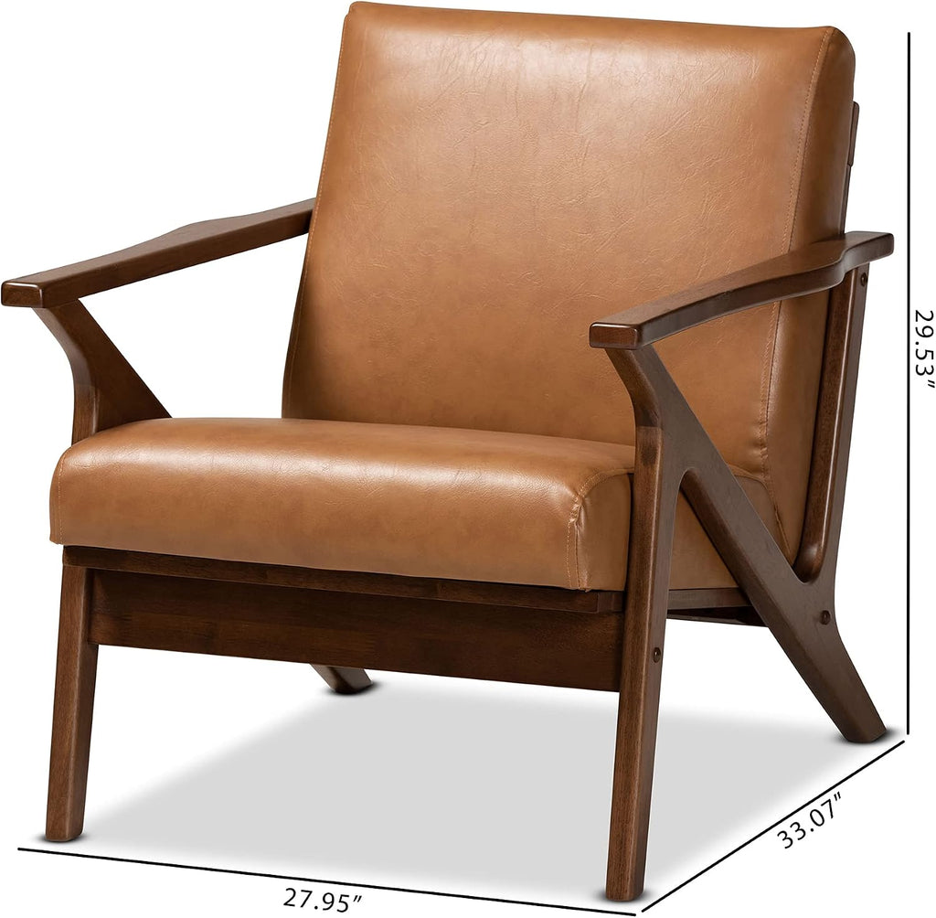Bianca Mid-Century Modern Walnut Brown Finished Wood and Tan Faux Leather Effect Lounge Chair