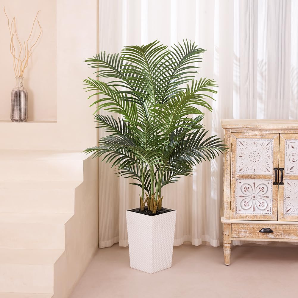 5FT Artificial Palm Tree - Tall Fake Tree with White Taper Planter & Pebbles, UV Resistant for Indoor & Outdoor Decor