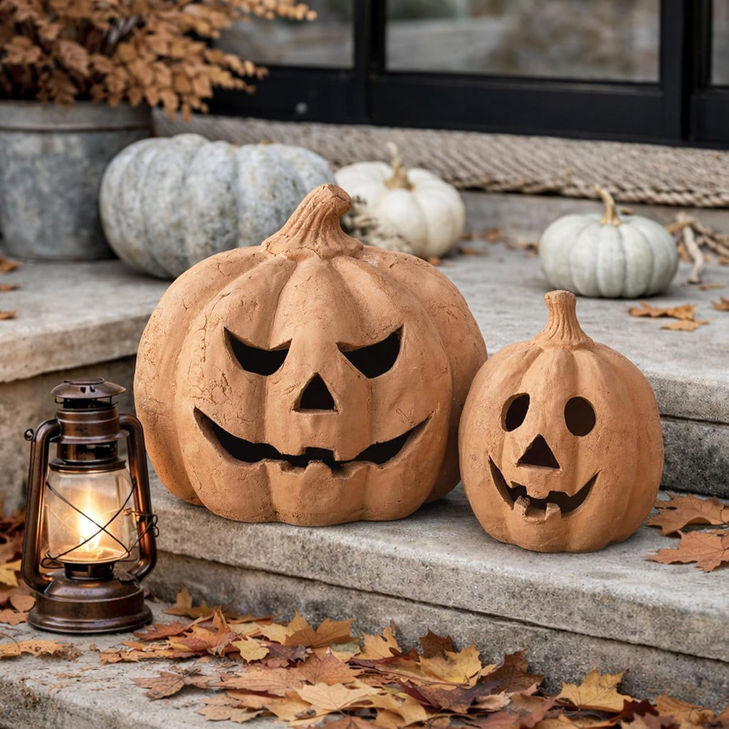 Fall Decor - Handmade Terracotta Pumpkin Jack O' Lantern Outdoor Indoor