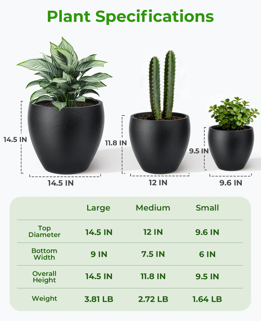 14.5/12/9.7 Inch Large Plastic Flower Pots with Drainage (3 Pcs)
