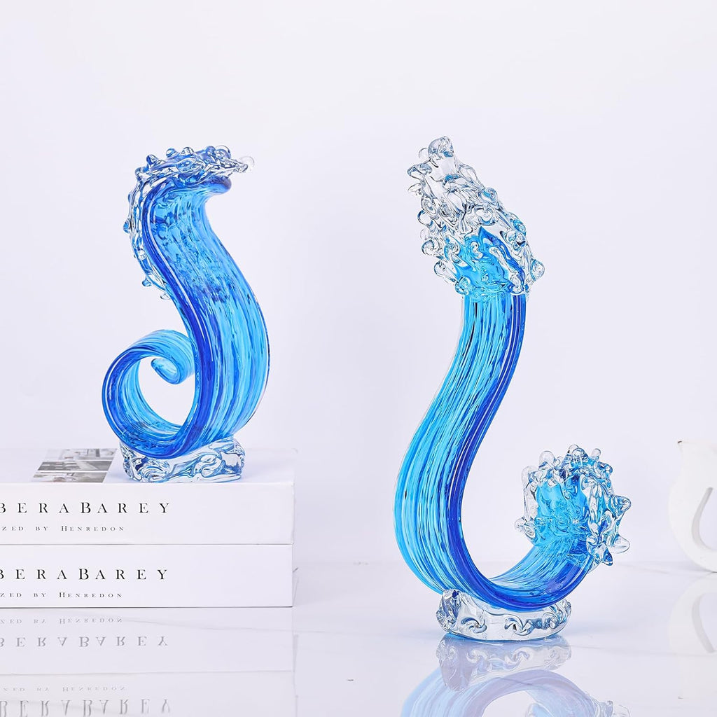 Blue Glass Sculpture Home Decor, Hand Blown Glass Art Statue, Glass Ocean Waves Home Living Room Decorations