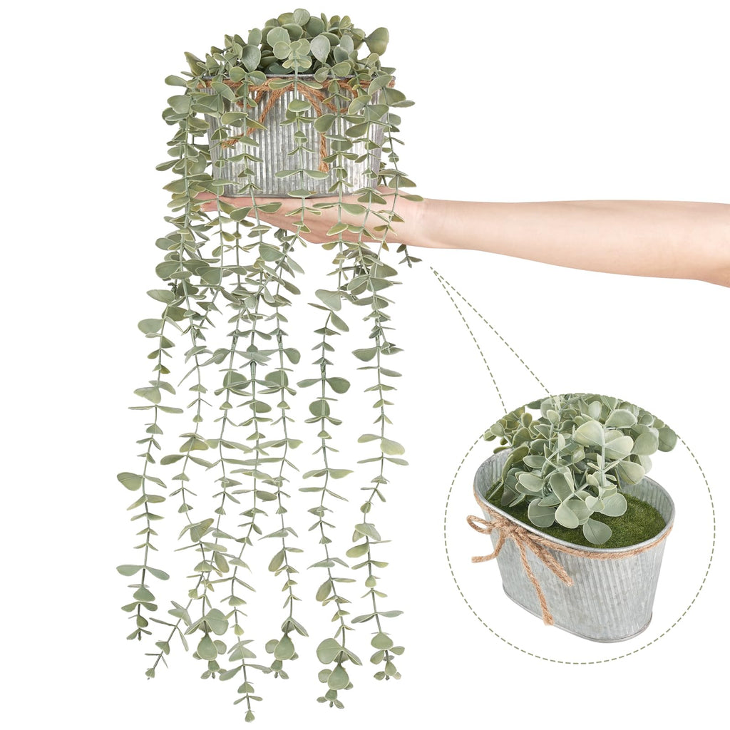 Fake Hanging Plants in Farmhouse Galvanized Pots for Shelf Decor 2Pcs