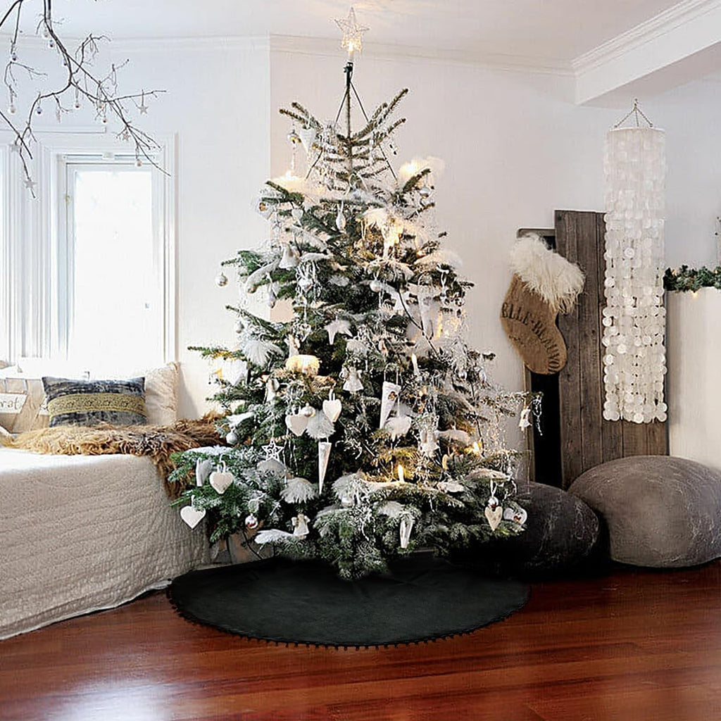 Christmas Tree Skirt, Black Christmas Tree Skirt 48 inches Soft Double Layer Burlap Tree Skirt with Pom Pom