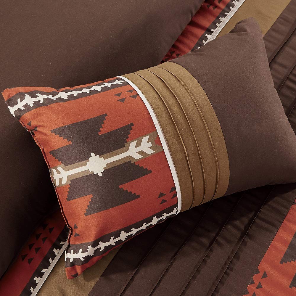 7 Piece Western Southwestern Native American Design Comforter Set Multicolor Coffee Brown Embroidered Bed
