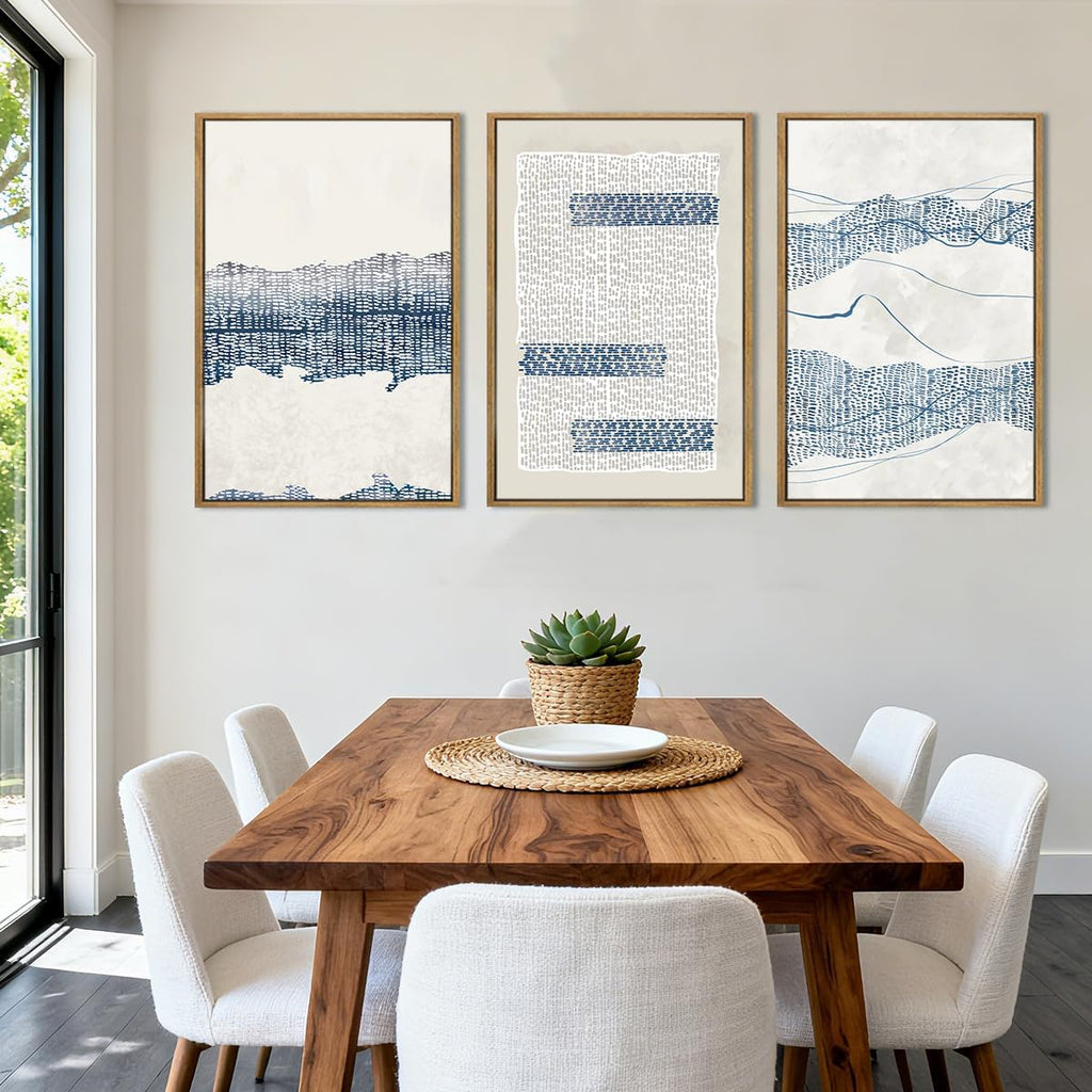 Large Blue Abstract Canvas Wall Art Framed 24x36 Inch Neutral Minimalist Modern Wall Art Mid Century Boho Artwork