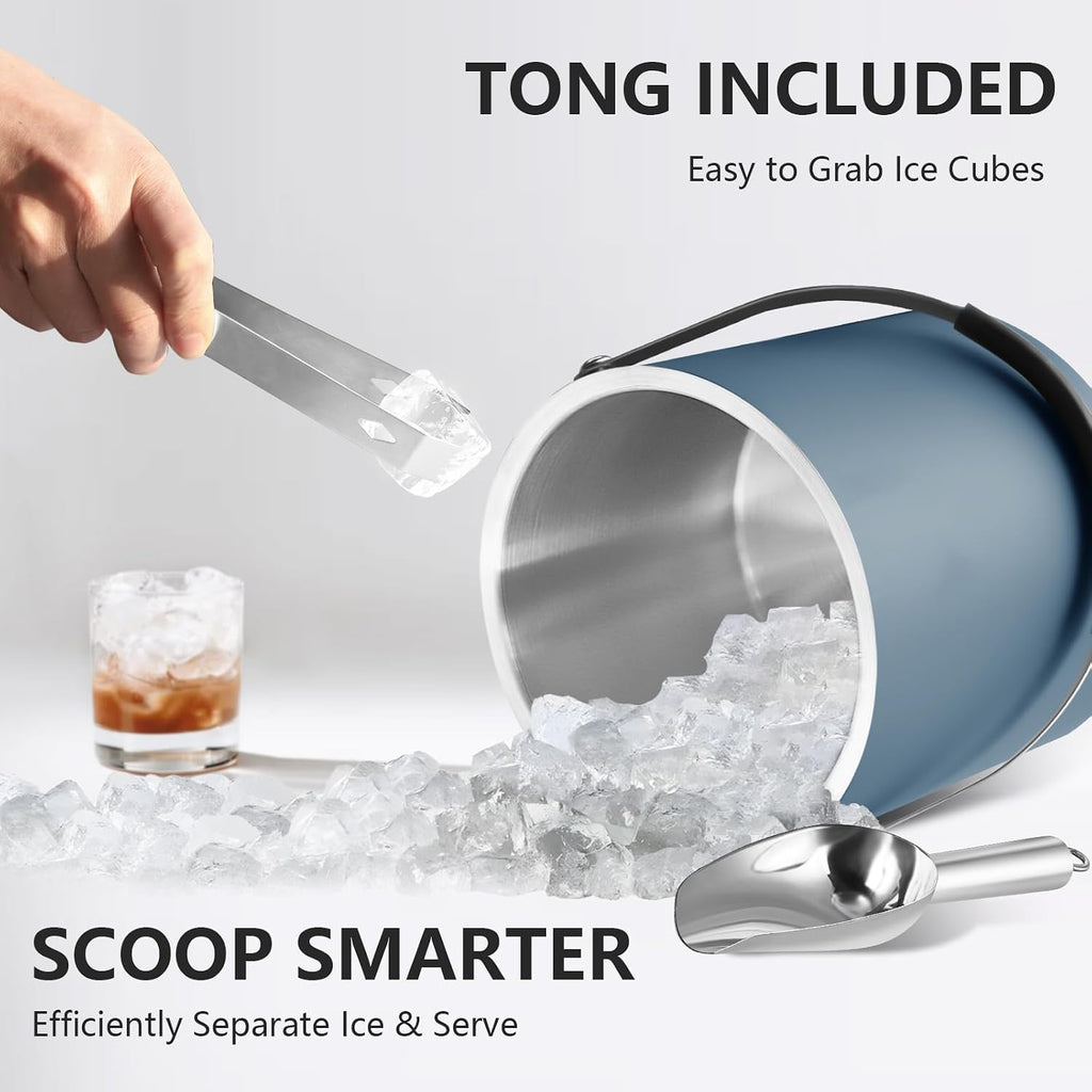 3L Ice Bucket with Silicone Lid, Scoop, Tongs & Strainer, Stainless Steel Double Wall Insulated Ice Buckets