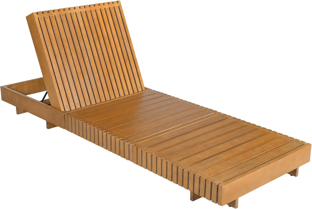 Outdoor Chaise Lounge Chair, Patio Lounge Chair, Acacia Wood Chaise Lounge, 6-Position Adjustable Backrest, Slatted