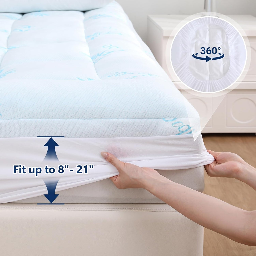 100% Waterproof Queen Mattress Topper, Viscose Derived from Bamboo | Cooling Pillow Top Memory Foam Mattress Topper