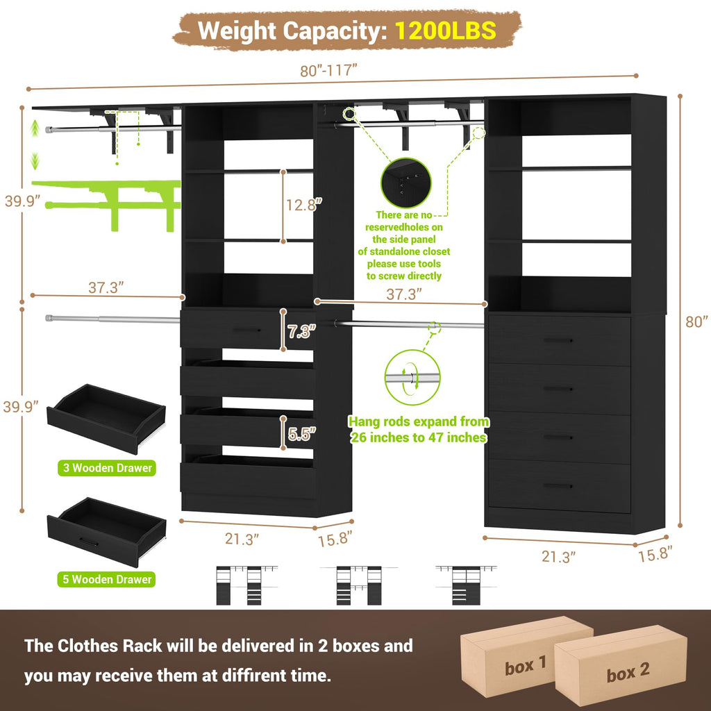 Closet System, Wood Closet Organizer System with 8 Drawers &4 Rods