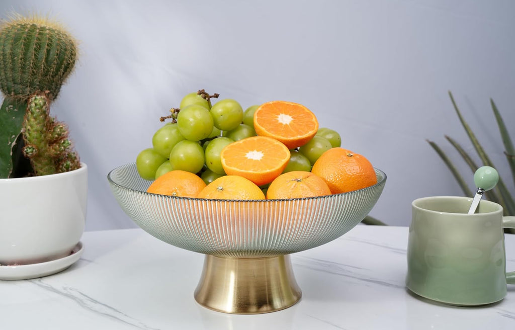 Round Glass Decorative Bowl (Green), 9.8 Inches Handblown Striped Design Glass Bowl with Rust Resistant Metal