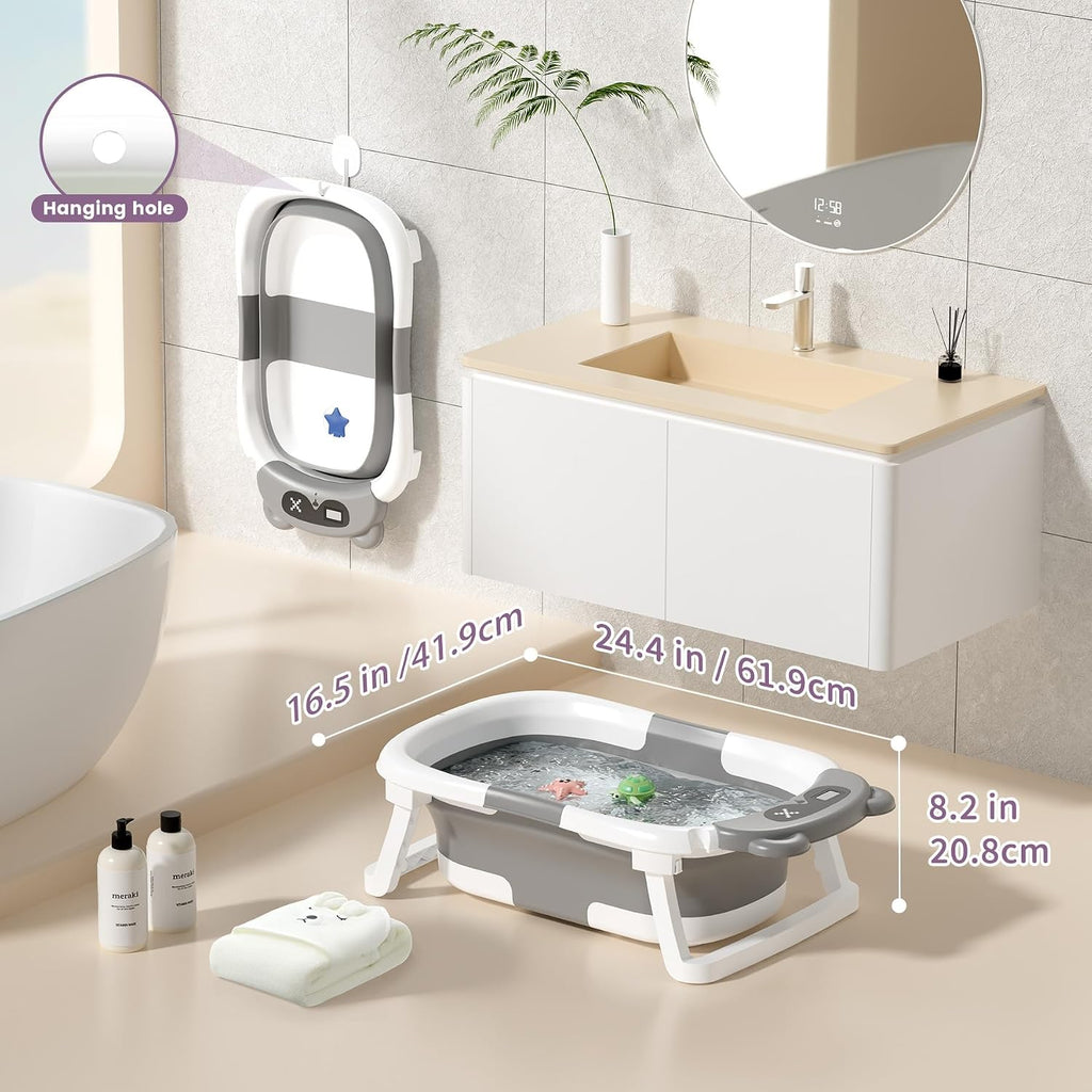 Collapsible Baby Bathtub for Newborn to Toddler (0-18 Months) - Foldable Baby Bath Tub with Soft Towel, Newborn