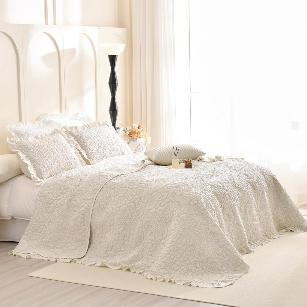 Wheat Quilt Sets, Stone-Washed Lightweight Ruffle Coverlet, 3Pcs Quilted Crinkled Shabby Bedspread Set