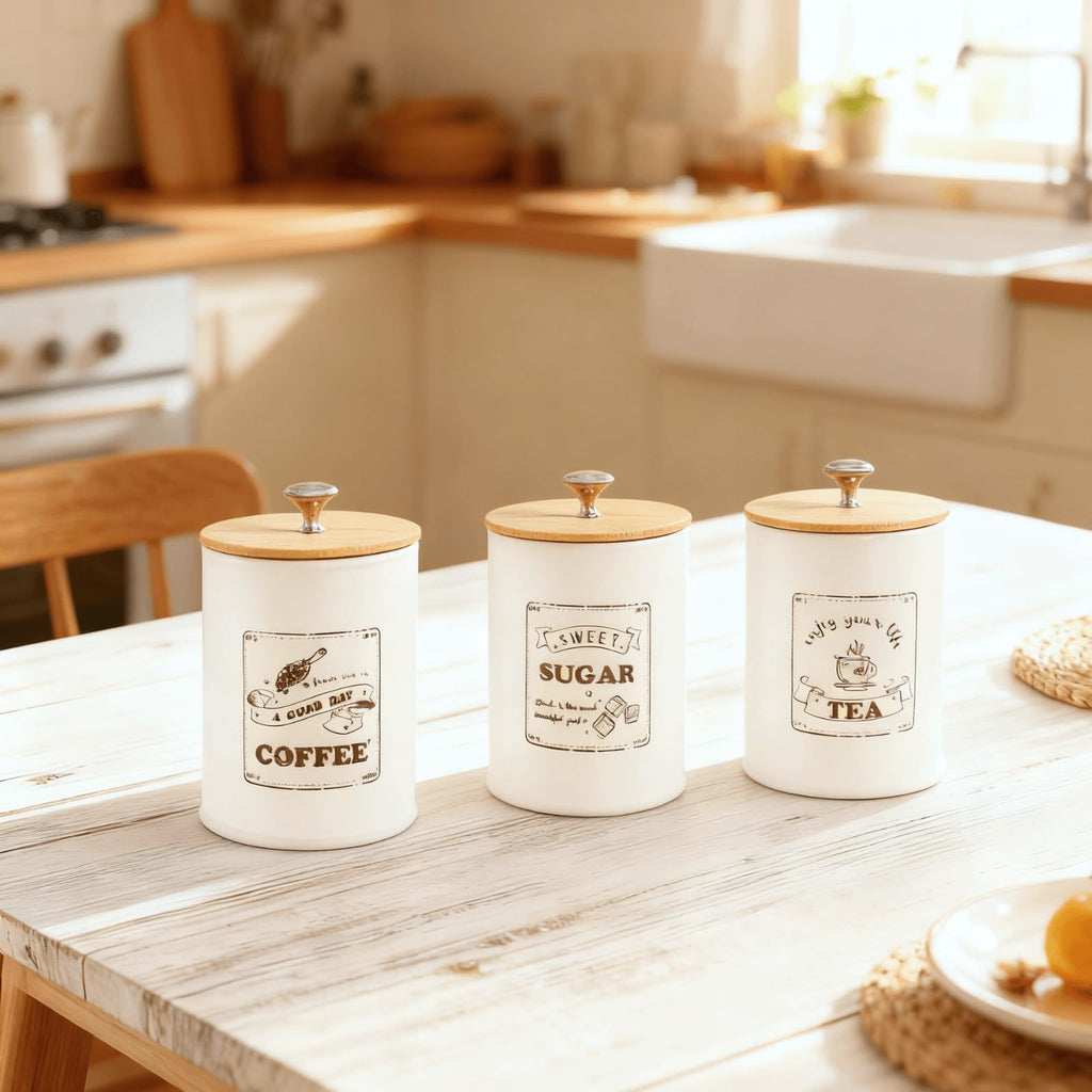Metal Canisters Sets for the Kitchen, 40 Oz Coffee Sugar Tea Container Set, Farmhouse Style, Food Storage Containers
