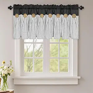 Cotton Linen Kitchen Valance Curtains, Boho Rustic Button Linen Valances for Windows Farmhouse, Black with Grey
