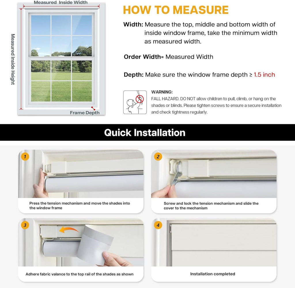 No Drill Blackout Roller Shades, White | 2-Minute Ultra-Fast Installation, Cordless Design, Thermal Insulated Fabric