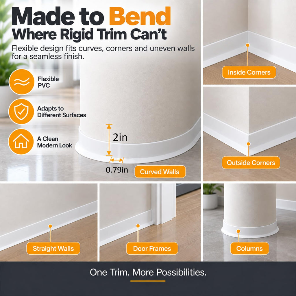 Flexible Vinyl Baseboard Trim 20 Ft, Peel and Stick Wall Base