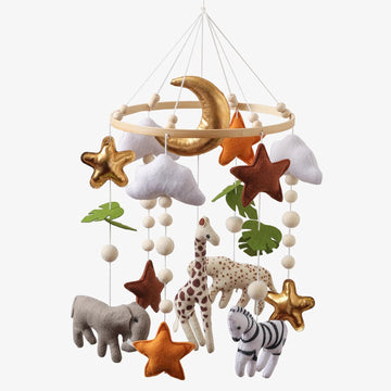 Baby Crib Mobile - Felt Safari Animals Hanging Mobile - Giraffe Elephant Zebra Ceiling Decor for Boys Girls - Gold