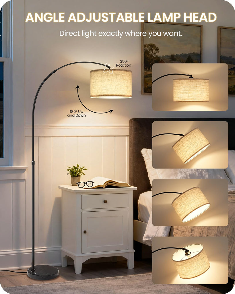 75" Tall Dimmable Arc Floor Lamp with Marble Base, Adjustable Height, Beige