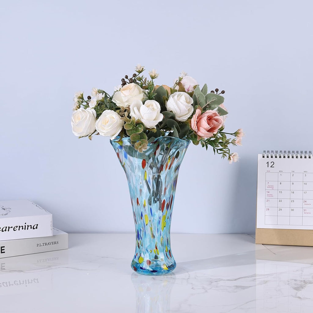 Hand Blown Glass Vase for Flowers, Murano Style Fluted Art Aqua Glass Vase, Wide Mouth Colorful Decorative Vase