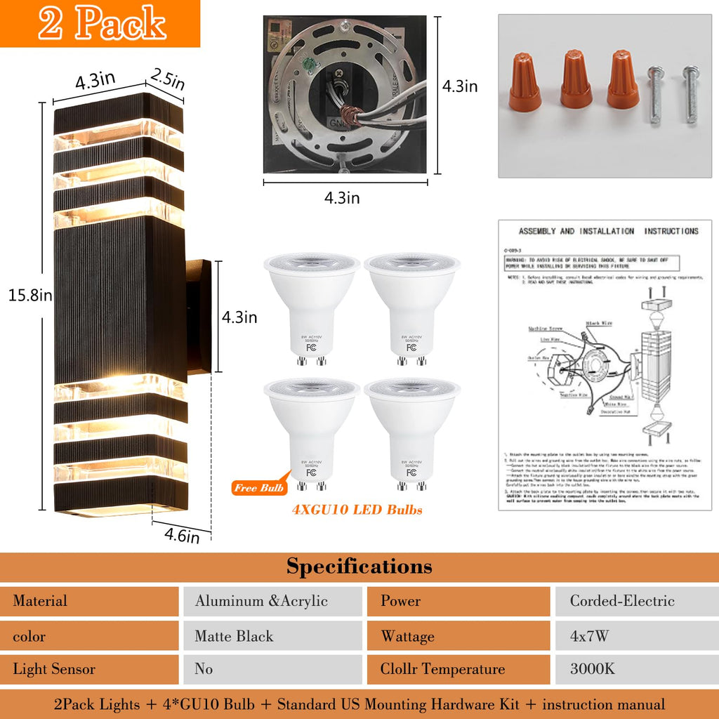 LED Up and Down Lights, Outdoor Light Fixture, Black, 3-Tier, 15.8 in