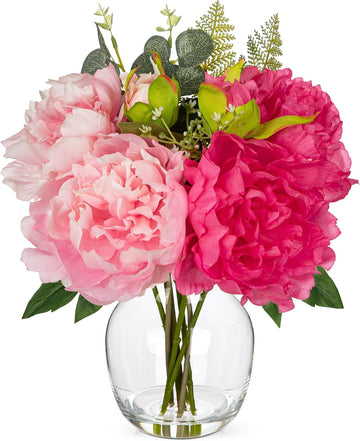 Fake Flower Arrangements in Vase Pink Peonies Artificial Flowers Peony Bouquet Silk Floral Flower with Glass Vase - Set of 4