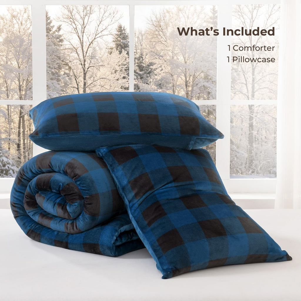 Velvet Flannel Plaid Comforter Set, 3 Pcs Blue Blanket