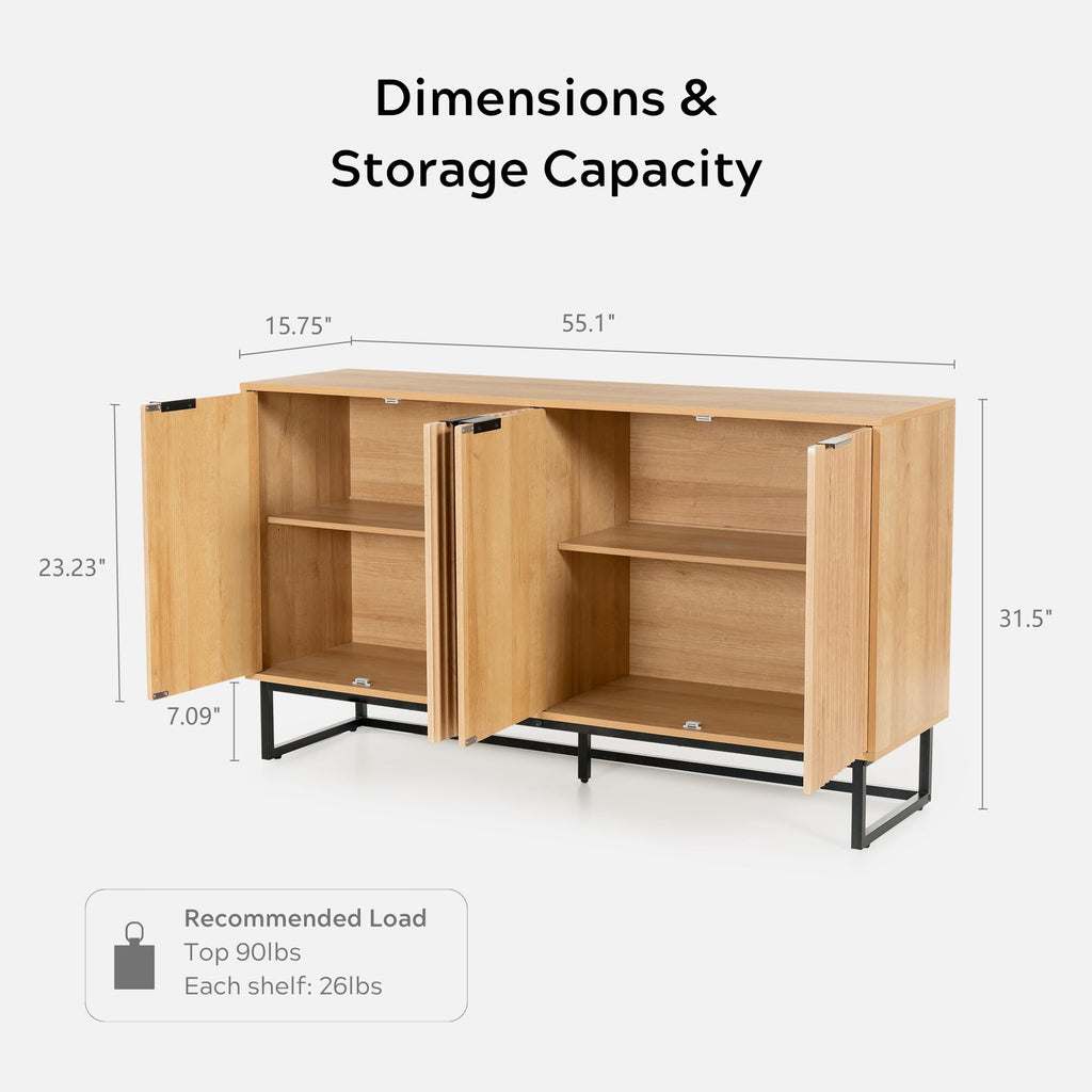 Fluted Sideboard Buffet Cabinet with 4 Doors, Modern Accent Storage Cabinet with Adjustable Shelves, Boho Console
