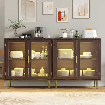 Buffet Cabinet Set of 2, Sideboard Cabinet with LED Lights, Walnut