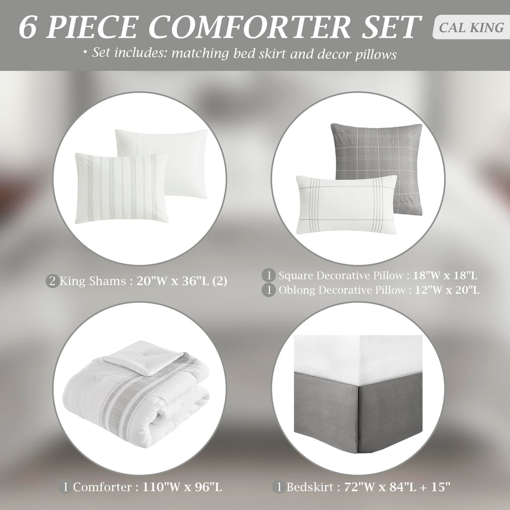 Cal King Comforter Set, Stripes Clipped Jacquard, Cotton Oversized Comforter for a Cal King-Size Bed, Farmhouse