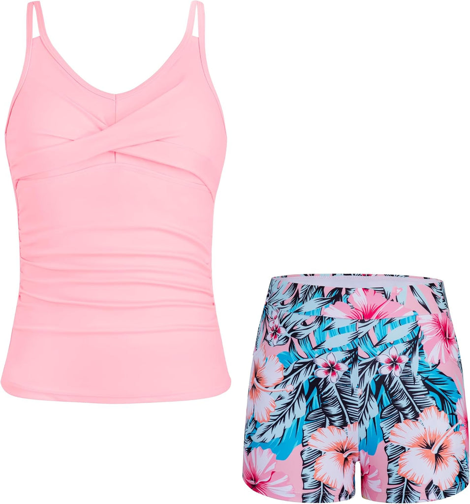 Tween Girls Tankini Swimsuit 2 Piece Bathing Suit Criss Cross Ruched Girl Swimwear with Chest Pad