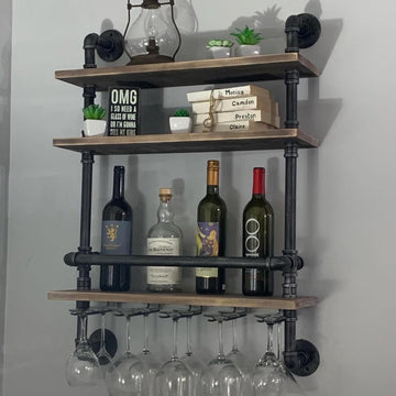 Floating Bar Shelves,Wine Rack Wall Mounted,Wine Glass Holder Wood Shelf | Industrial Pipe,Solid Pine Wood,Easy to