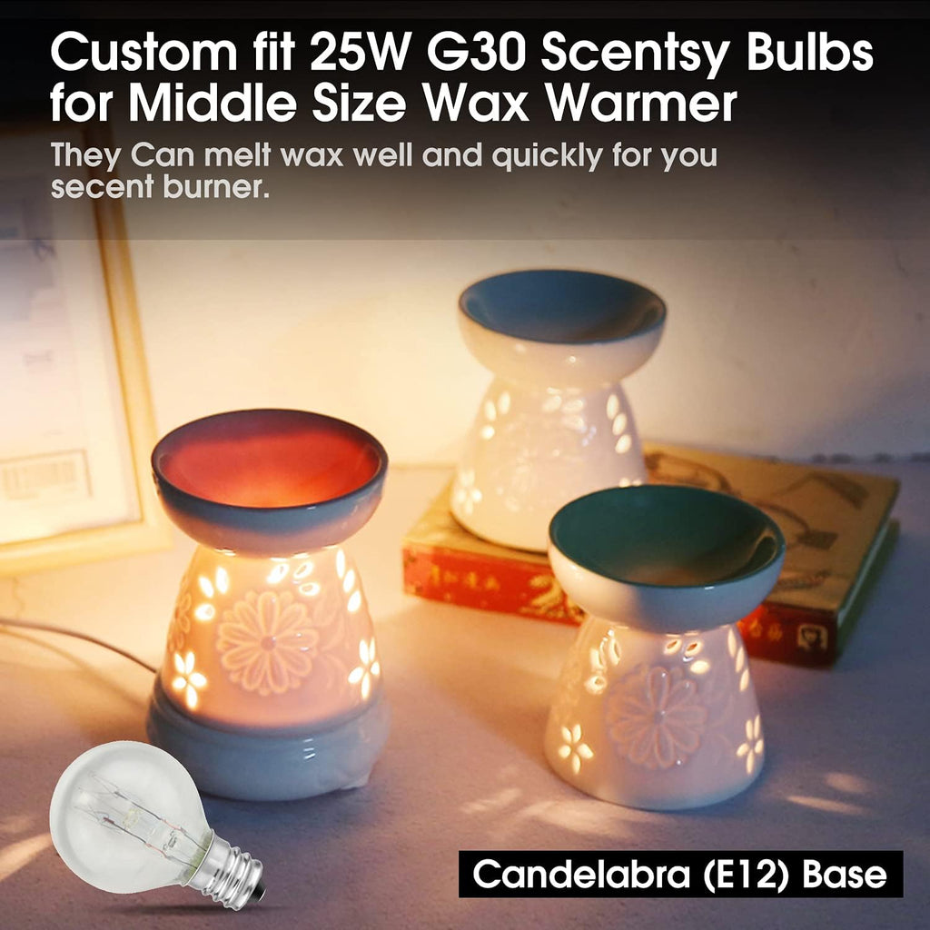 Wax Warmer Bulbs, Custom Fit G30 25 Watt Bulbs for Middle Size Scentsy Warmers, E12 Base Clear Scentsy Light Bulbs