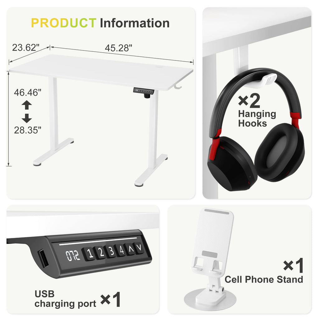 45 Inches Electric Standing Desk, Home Office Desk with Phone Holder