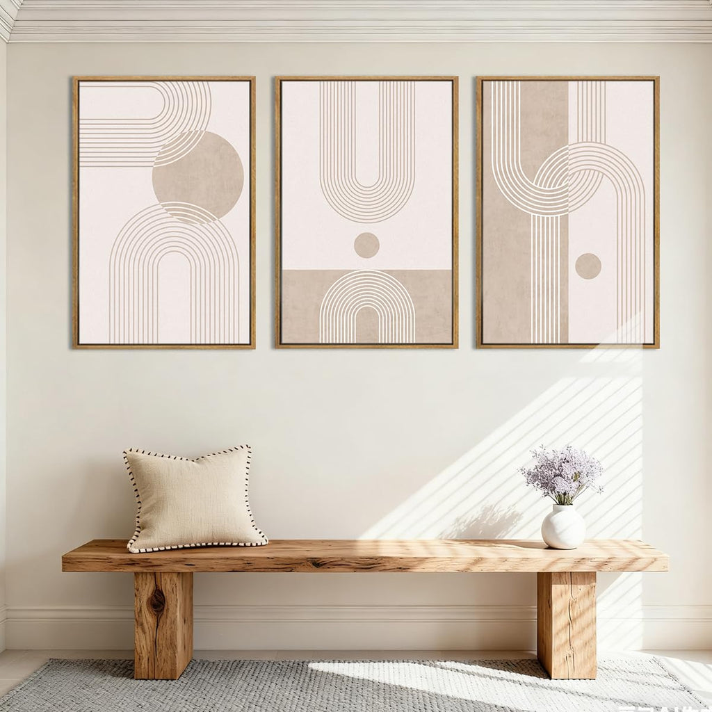 Neutral Boho Abstract Canvas Wall Art Set of 3 Framed Mid Century Modern Wall Decor Beige Geometric Line Artwork
