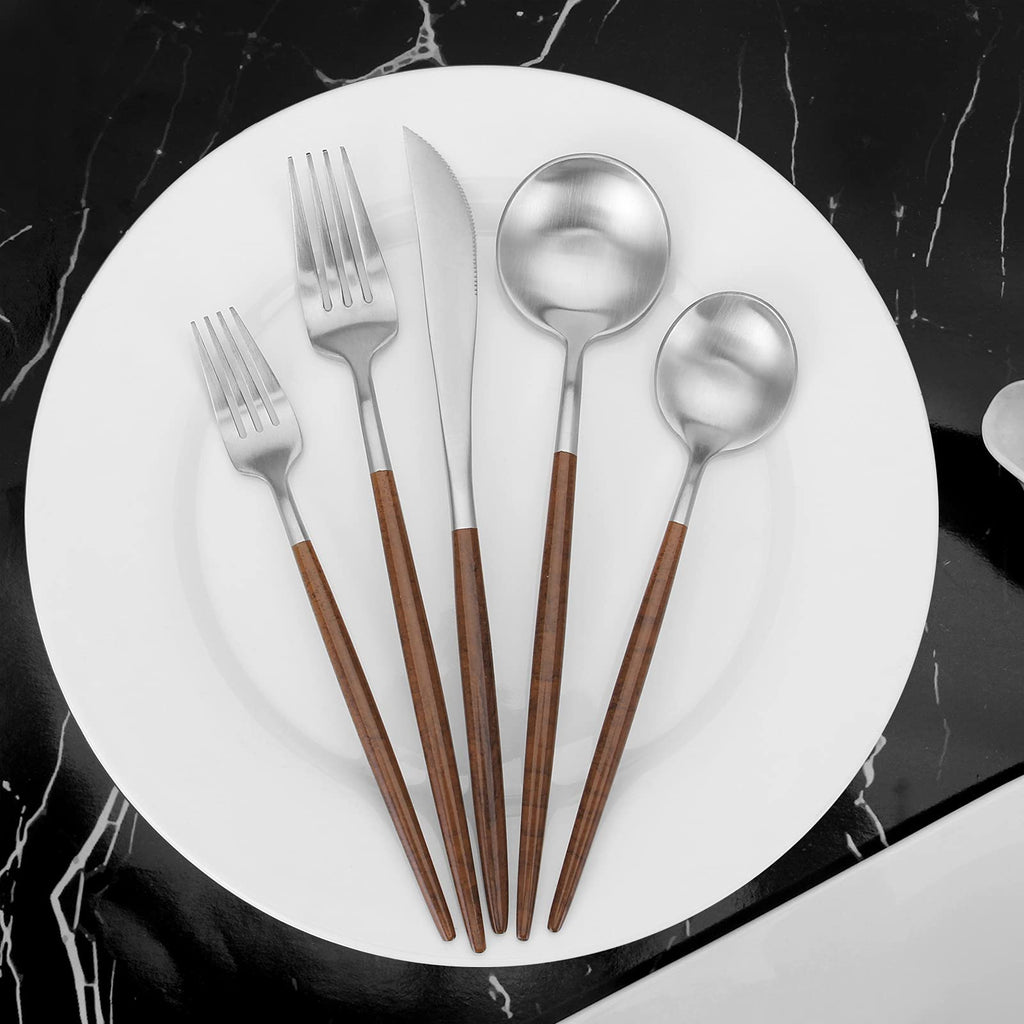 Matte Silver Silverware Set With Brown Handle, 20 Piece Stainless Steel Cutlery Flatware Set, Kitchen Utensil Sets